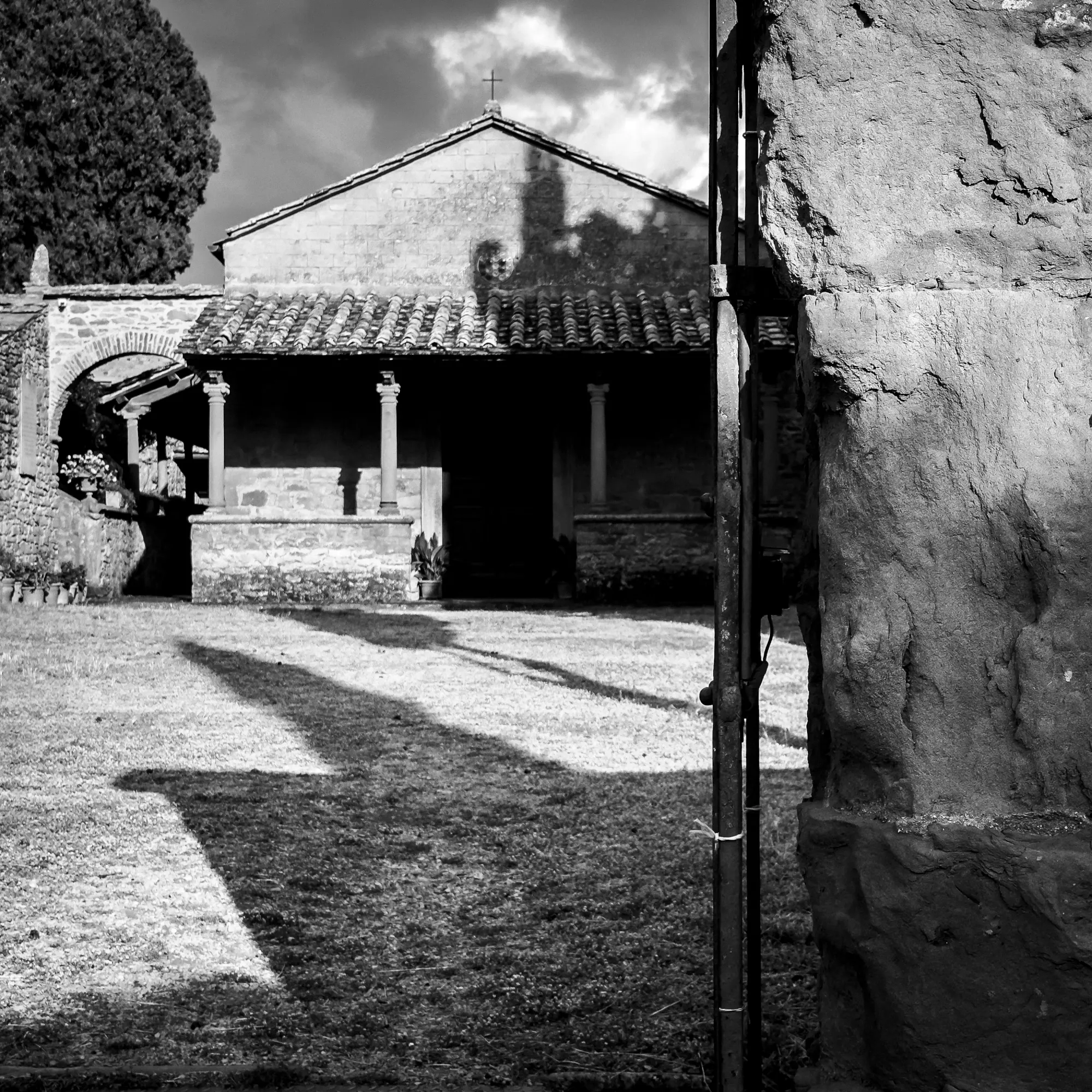 Monochromatic digital photograph of Chiesa di San Niccolo in Cortona, Italy.